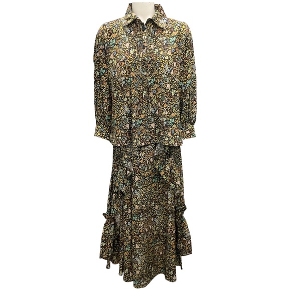 MAISON MAYLE BLACK MULTI PRINTED SILK BLOUSE AND SKIRT TWO-PIECE SET - Picture 1 of 6